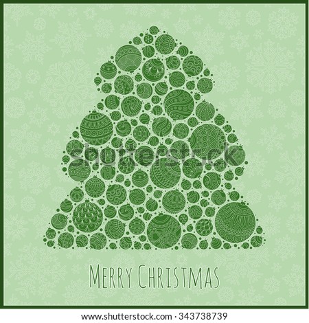 Christmas Card. Beautiful in retro style Christmas tree from balls illustration. Doodle ethnic stylized design.