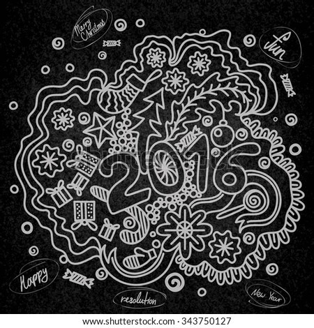 New year 2016 doodles card background. Holiday drawings on chalkboard. Vector illustration