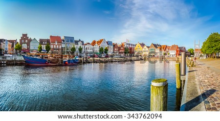 Beautiful view of the old town of Husum, the capital of Nordfriesland and birthplace of German writer Theodor Storm, in Schleswig-Holstein, Germany Royalty-Free Stock Photo #343762094