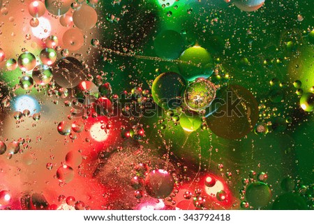 Oil drops on a water surface with colorful lights background