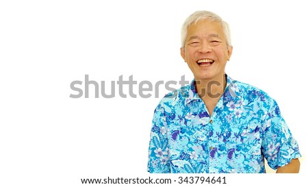 happy asian senior guy on blue hawaii shirt laughing on white isolate background 