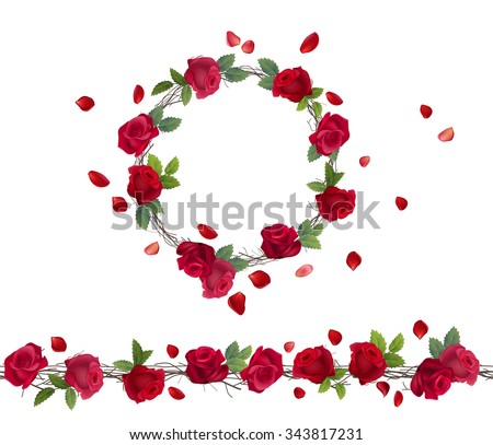 Blossoming branch of red roses. Endless pattern brush, round garland.