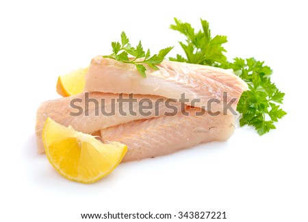 Raw Hake fish fillet pieces. Isolated on white background.