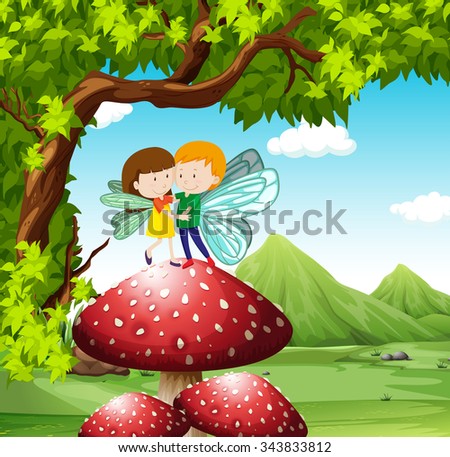 Fairies flying on the mushroom illustration