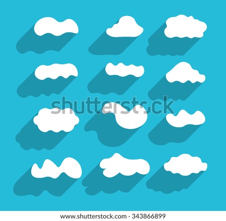 Different cloud shapes. Flat design hand-drawn cloudscapes collection. Flat long shadows like clouds