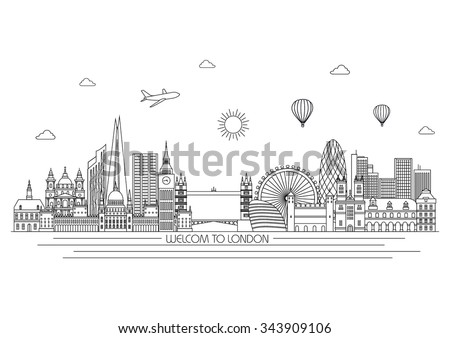 London detailed Skyline. Travel and tourism background. Vector background. line illustration. Line art style Royalty-Free Stock Photo #343909106