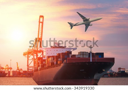 Ship for container with working crane bridge in shipyard for Logistic Import Export background Royalty-Free Stock Photo #343919330