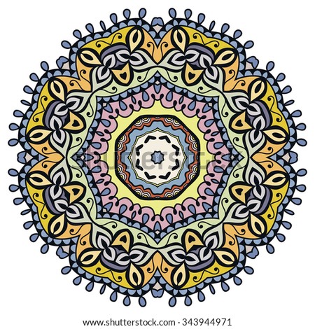 Mandala geometric round ornament, tribal ethnic arabic Indian motif, circular abstract floral pattern. Hand drawn decorative vector design element 