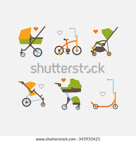 Kids transport thin line icons set.Collection of outline childhood flat style vector template. Web design logo element. Child strollers, prams, scooter and bicycle outline stylized icon. Modern style.