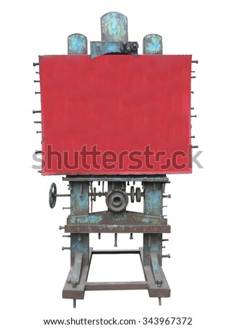 Stylish industrial style advertising panel with rusty gear and bolt and red blank space, isolated