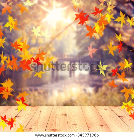 autumn background. wooden table and autumn landscape 