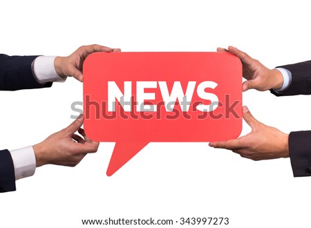 Two men holding red speech bubble with NEWS message