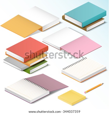 Isometric illustration on a white background with the image of books notebooks notebooks  Royalty-Free Stock Photo #344037359