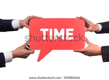 Two men holding red speech bubble with TIME message
