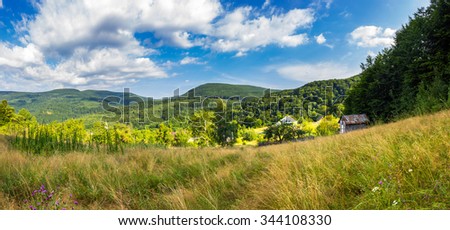 summer landscape panorama. purple flowers in yellow grass on the meadow hillside. village near forest in mountain