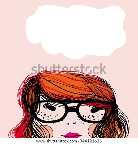 Funny red-haired girl on a pink background. Place for your text.