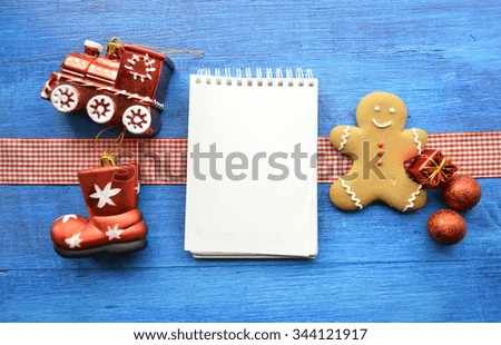 Christmas toys, Christmas decorations, Christmas balls, notebook,gingerbread.Christmas and New Year concept