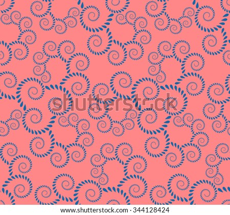 Seamless lace pattern. Vintage, curled texture. Spiral, twirl silhouettes with laurel leaves. Floral theme. Twist ornament. Blue figure on rose background. Vector illustration