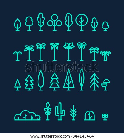Big set of different kinds of trees: palms, pine, spruces, bushes, cactus. Design elements, vector illustration, trendy linear style.