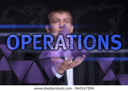 Businessman holding on the right hand a glowing blue text "Operations". Business concept. Internet concept