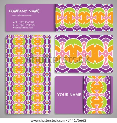 multicolored set of four business card and header templates with hand drawn tribal ornament, for greeting, invitation card, or cover. Vector illustration
