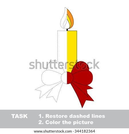 Xmas candle with bow vector colorful to be traced. Restore dashed line and color the picture. Worksheet to be colored.