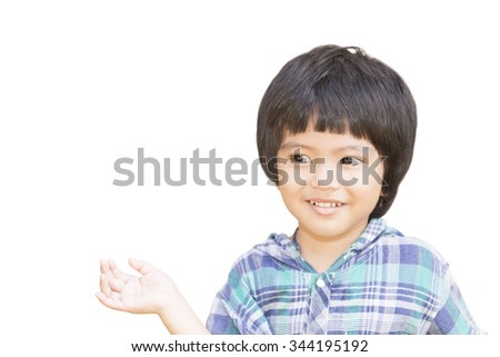 Asian Thai little boy open palm hand gesture isolated on white background