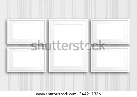 Collage of blank frames on striped wall, poster,  interior decor mockup