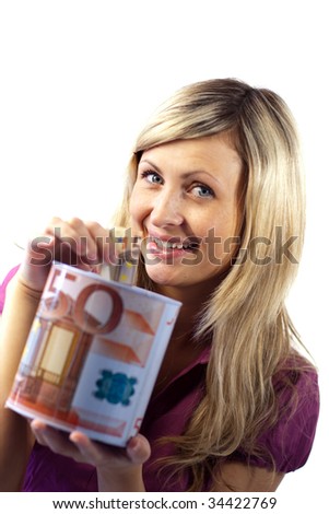 Young woman saving money