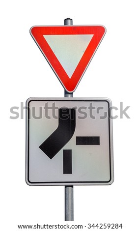 Traffic sign for priority route and give way road sign on white background with clipping path.