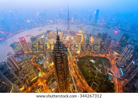 Elevated night view of Shanghai`s skyline.