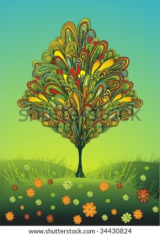 colorful line-art tree on a sunny meadow with flowers