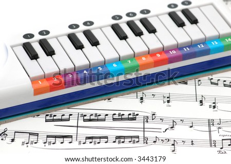 Notes and piano with  numbered colourful keys