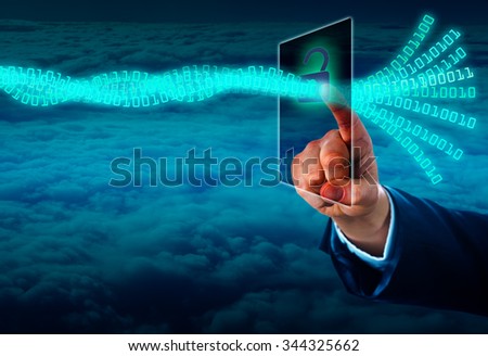 Hand of a manager unlocking a virtual data stream via a touch screen in cyberspace. Concept for authenticated data access or cyber crime. Copy space over the closed cloud front shot from high above.  Royalty-Free Stock Photo #344325662