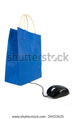 A computer mouse going to a shopping bag on white background