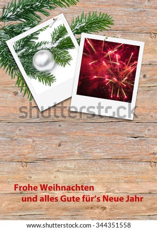 Instant pictures with Christmas motif and Year's End motif on brown wooden board; "Frohe Weihnachten und alles Gute fÃ¼r's neue Jahr"; Merry Christmas and all the best for the New Year
