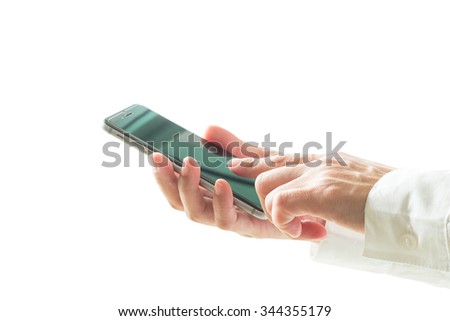 Isolated business man hands using smart phone on white background (clipping path) for corporate person working online digital internet technology