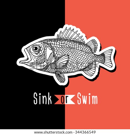 Poster with image of the fish on red and black background. Vector illustration.