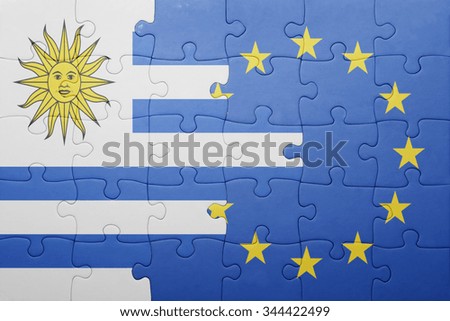 puzzle with the national flag of uruguay and european union . concept
