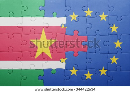 puzzle with the national flag of suriname and european union . concept