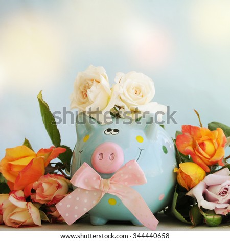 Piggy bank with flowers. Gift for Mothers Day