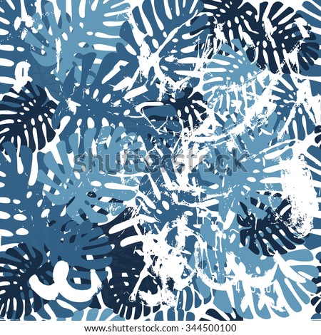 Summer denim camouflage hawaiian seamless pattern with tropical plants, vector illustration with ink splashes