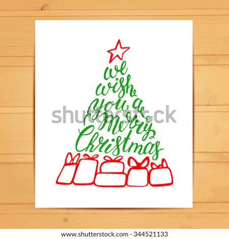 Hand painted brush lettering We wish you a Merry Christmas. Calligraphy inscription inside the fir tree. Vector hand drawn typography. 