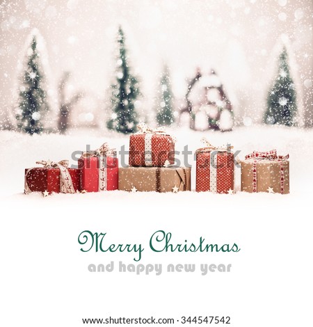 Christmas landscape with gifts and snow. Christmas background Royalty-Free Stock Photo #344547542
