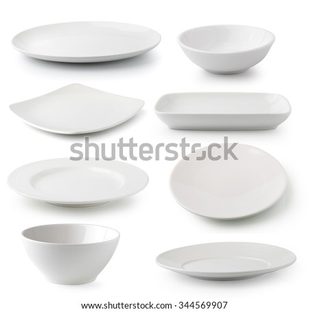 white  ceramics plate and bowl isolated on white background Royalty-Free Stock Photo #344569907