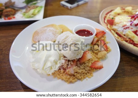 Pancake with strawberry and icecream
