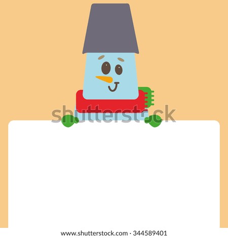 Illustration Xmas and new year vector background with smiling snowman and empty space for your text, trendy flat style 