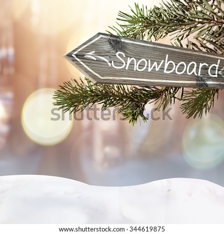 Snowboard wooden sign and blurry winter forest background. Winter landscape with new year tree and snow. Christmas design banner background.