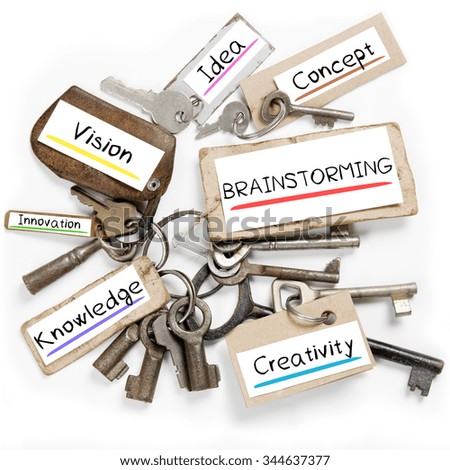 Photo of key bunch and paper tags with BRAINSTORMING conceptual words