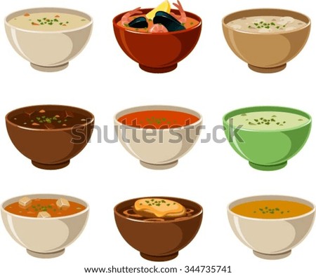 Vector illustration of various soups. Royalty-Free Stock Photo #344735741